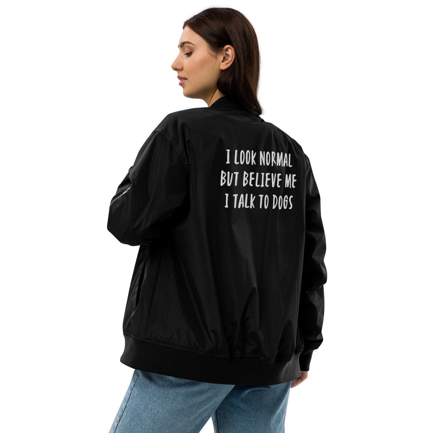 Unisex Recycled bomber jacket "I look normal but.." - Milas Leash
